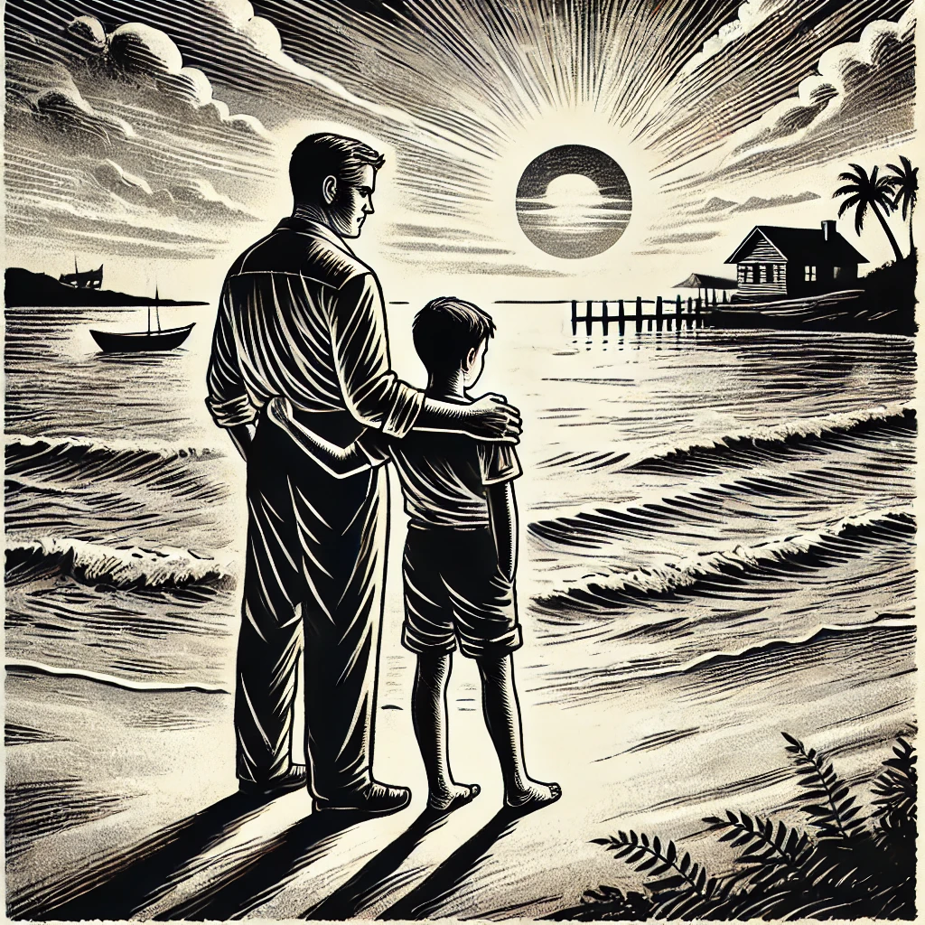 DALL·E 2024-11-05 15.07.51 - A vintage, monochromatic illustration of a father and son standing together on a beach at sunset, looking out over the ocean. The father has his hand