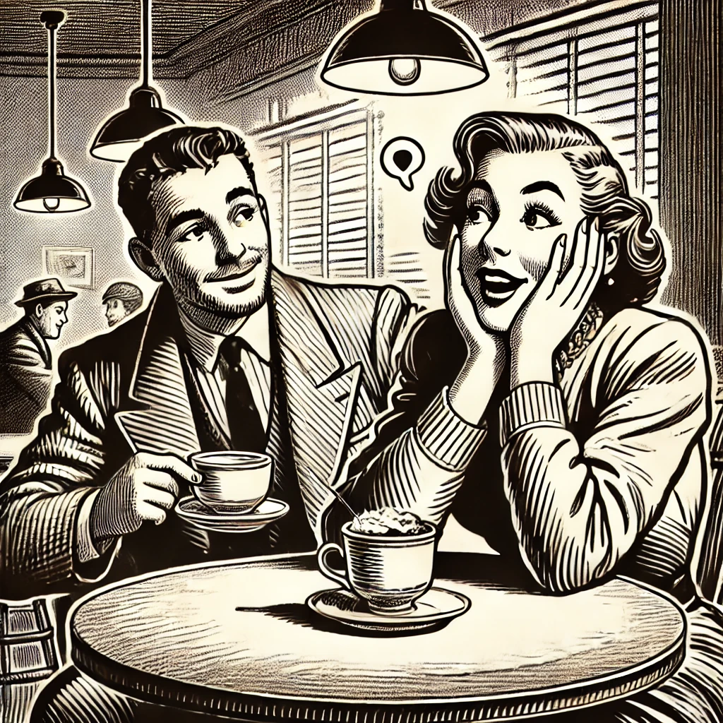 DALL·E 2024-11-05 15.17.10 - A vintage, monochromatic illustration of two friends sitting at a cozy coffee shop table. One friend looks intrigued and slightly skeptical, holding a